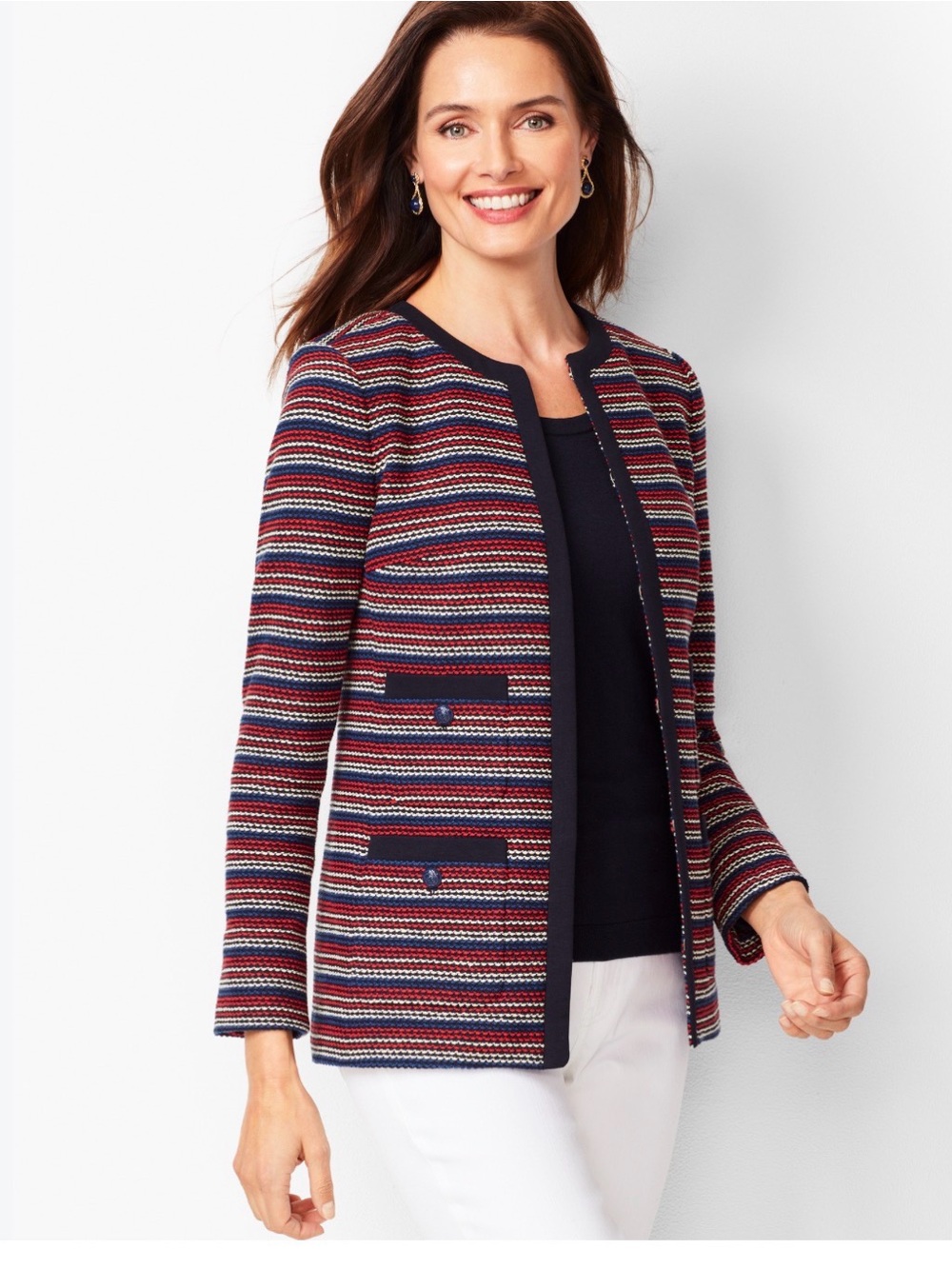 Talbots Striped Open-Front Women's Cardigan Sweater - Navy & Red